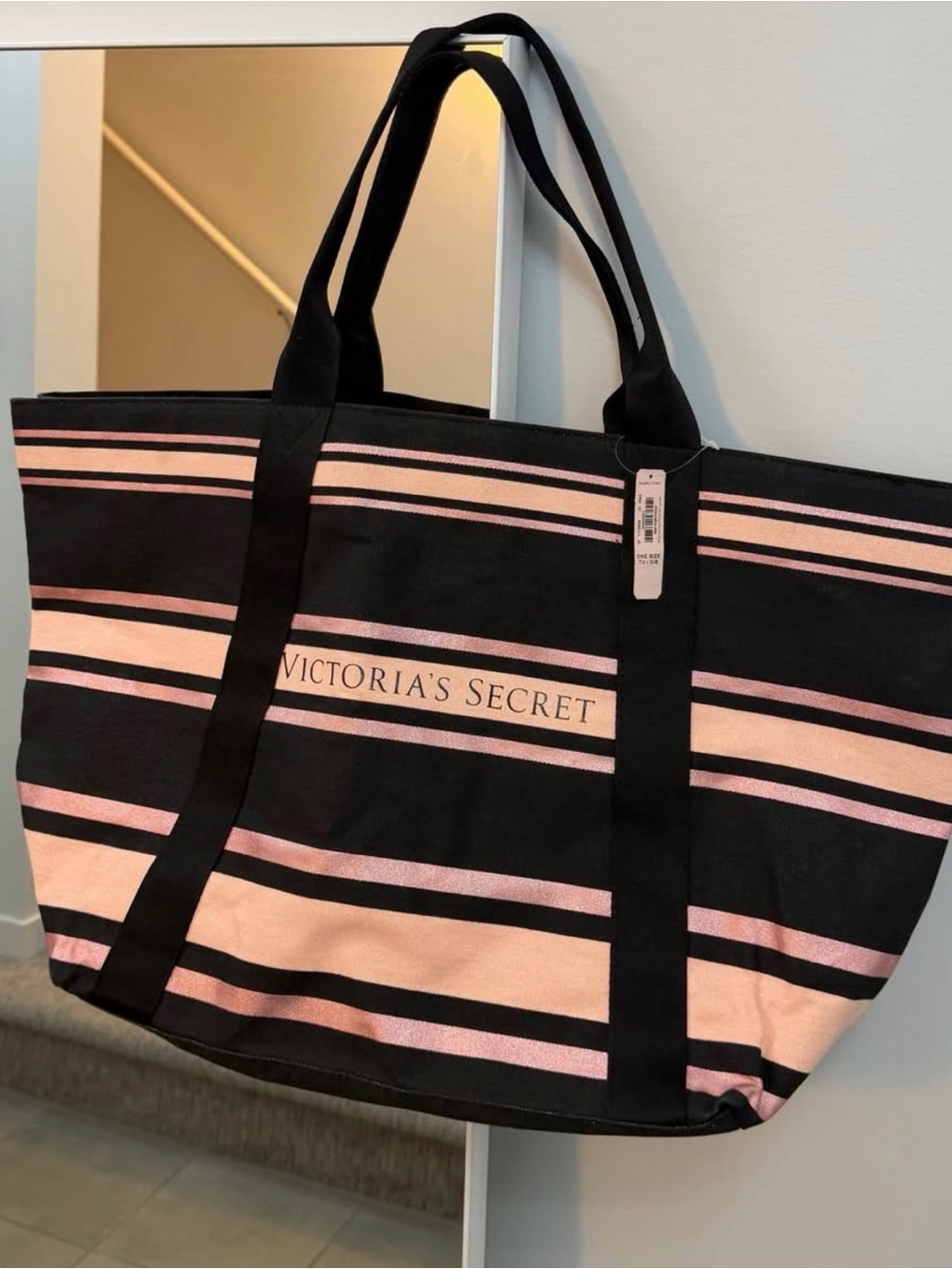 Victoria's Secret Black and Light Pink Striped Canvas Tote